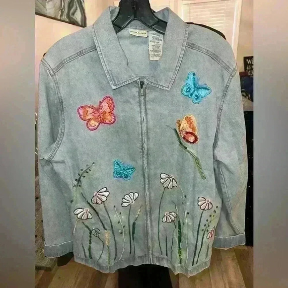 White Stag Jacket Womens L 12/14 Blue Denim Embroidery Patches Butterfly - Picture 1 of 2
